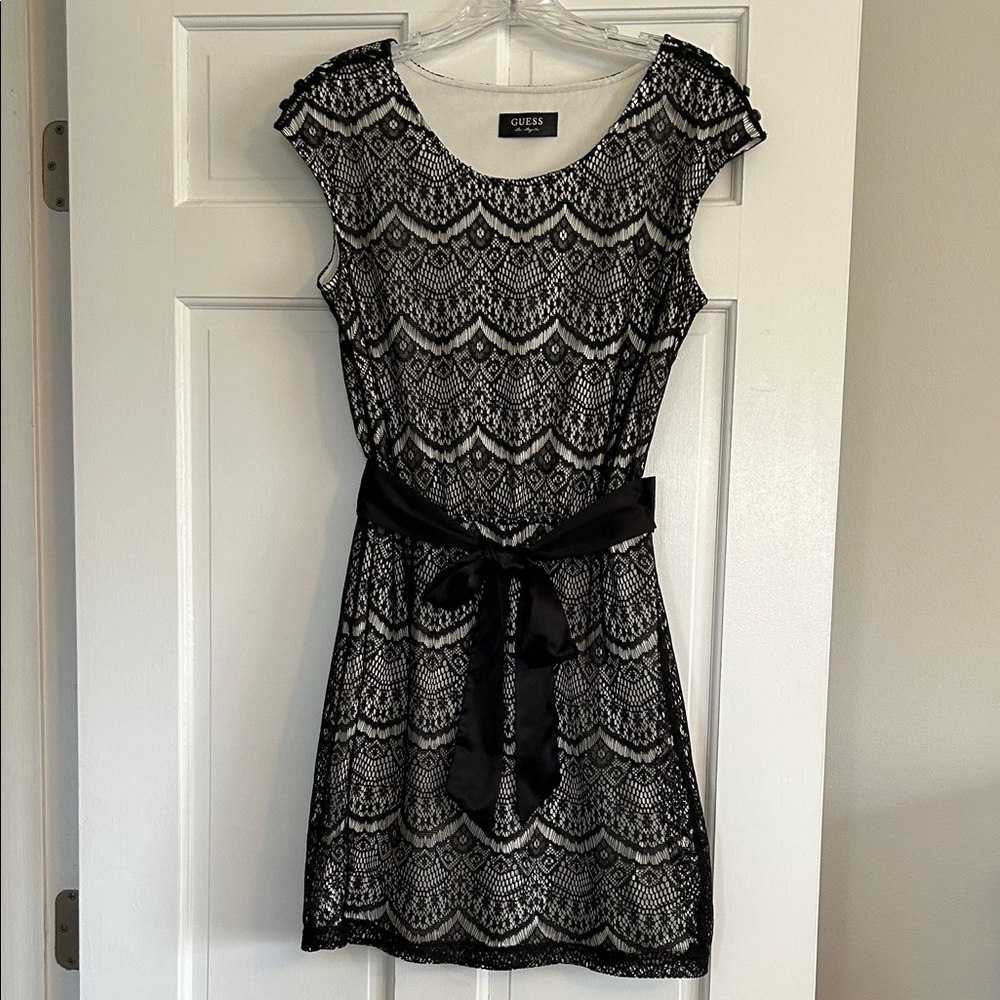 GUESS Black Lace Overlay Mini Dress with Satin Waist Tie Size 4